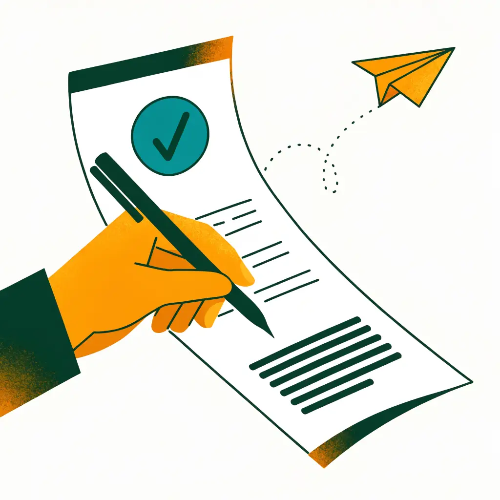 Illustration: Eine Hand unterschreibt eine ausgefüllte Vorlage, ein Papierflieger startet vom Dokument.