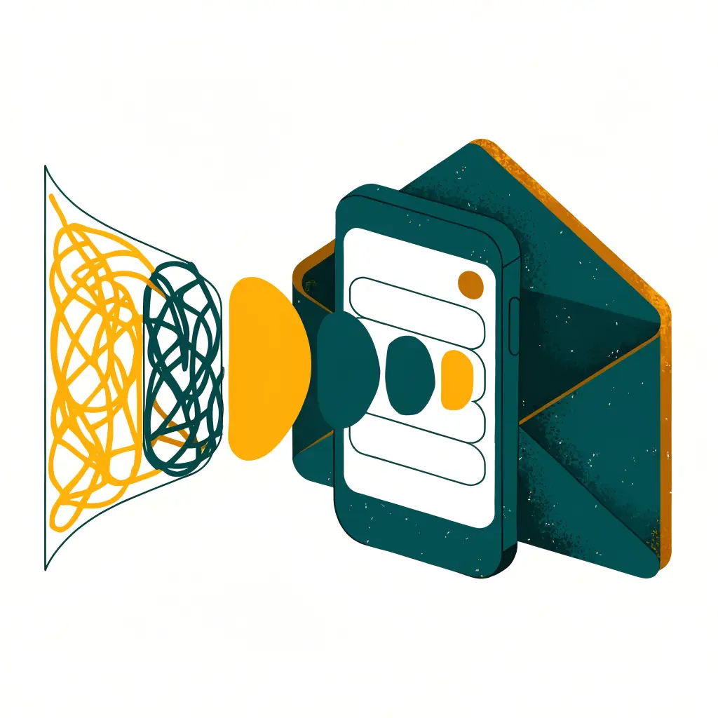 Illustration: Aus einem komplizierten Schreiben werden auf dem Smartphone drei einfache, aufgeräumte Karten.